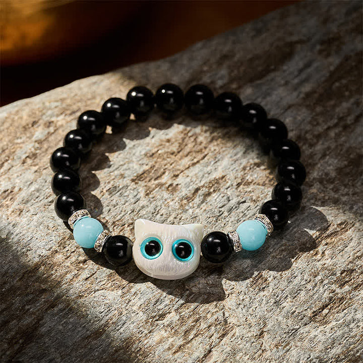 Buddha Stones Bracelet de protection en perles d'obsidienne noire avec un adorable chat aux grands yeux - image 3