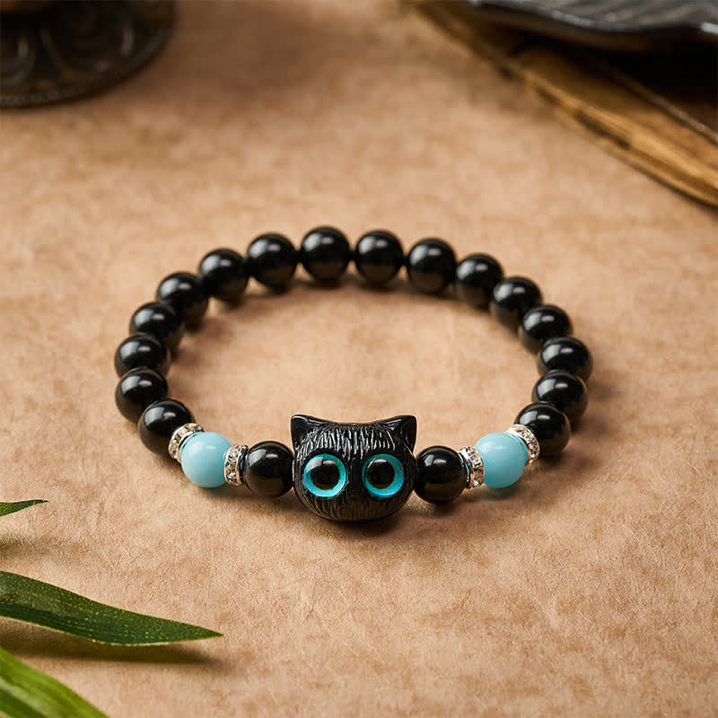 Buddha Stones Bracelet de protection en perles d'obsidienne noire avec un adorable chat aux grands yeux - image 14