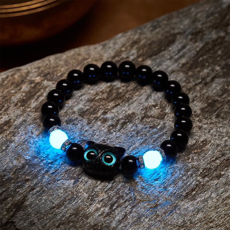 Buddha Stones Bracelet de protection en perles d'obsidienne noire avec un adorable chat aux grands yeux - image 19