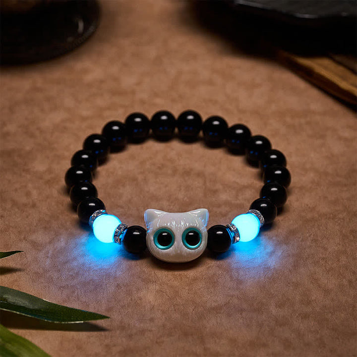 Buddha Stones Bracelet de protection en perles d'obsidienne noire avec un adorable chat aux grands yeux - Chat blanc (Tour de poignet : 15–16 cm) - image 1