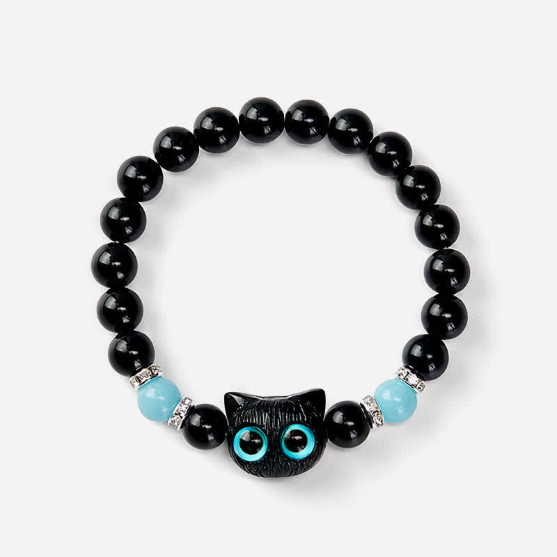 Buddha Stones Bracelet de protection en perles d'obsidienne noire avec un adorable chat aux grands yeux - image 21