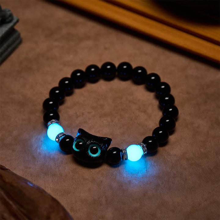 Buddha Stones Bracelet de protection en perles d'obsidienne noire avec un adorable chat aux grands yeux - image 16