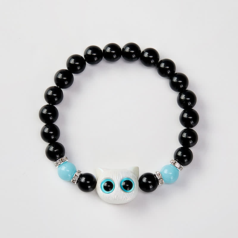 Buddha Stones Bracelet de protection en perles d'obsidienne noire avec un adorable chat aux grands yeux - image 11