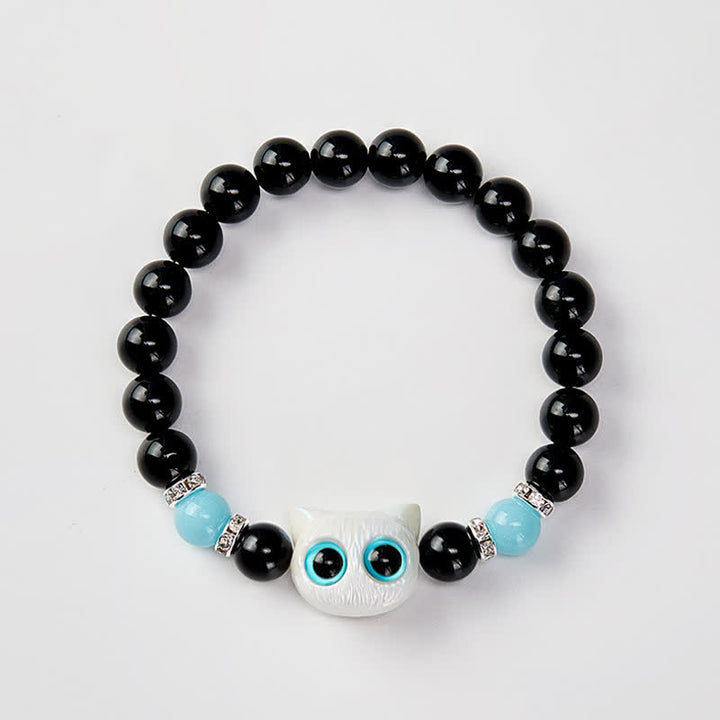 Buddha Stones Bracelet de protection en perles d'obsidienne noire avec un adorable chat aux grands yeux - image 11