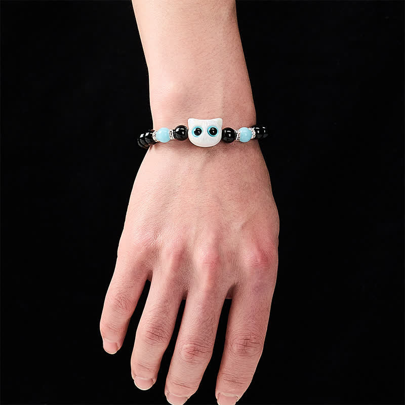 Buddha Stones Bracelet de protection en perles d'obsidienne noire avec un adorable chat aux grands yeux - image 5