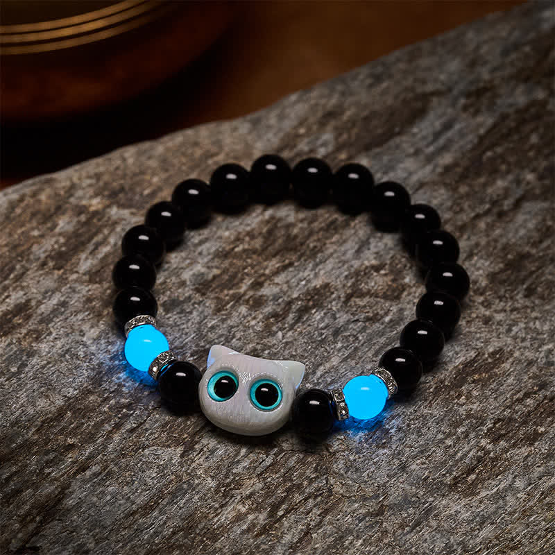 Buddha Stones Bracelet de protection en perles d'obsidienne noire avec un adorable chat aux grands yeux - image 9