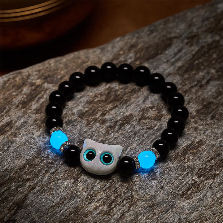 Buddha Stones Bracelet de protection en perles d'obsidienne noire avec un adorable chat aux grands yeux - image 9