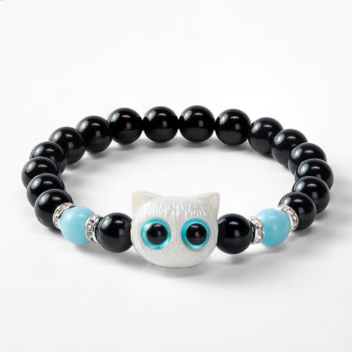 Buddha Stones Bracelet de protection en perles d'obsidienne noire avec un adorable chat aux grands yeux - image 12