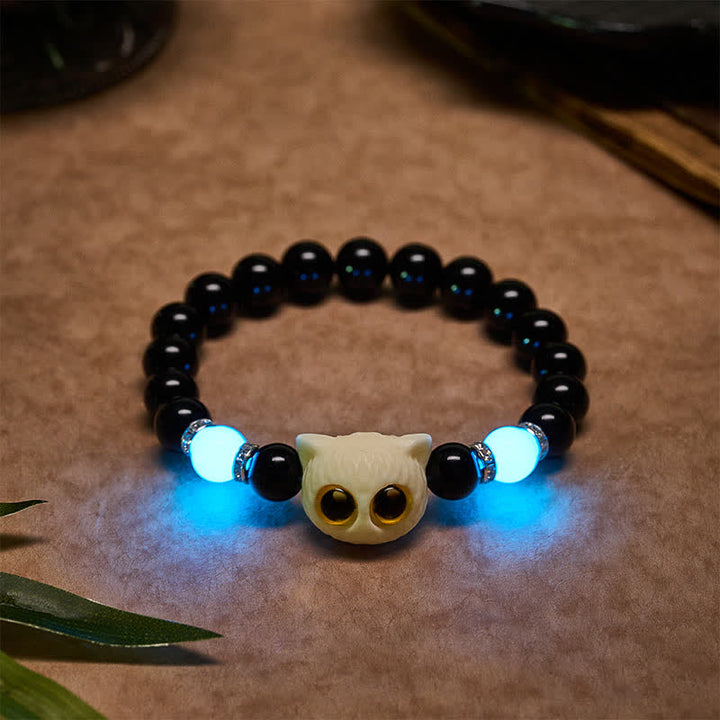 Buddha Stones Bracelet en obsidienne noire sculptée à la main avec perles en relief représentant un chat aux grands yeux - Chat blanc (Tour de poignet : 15–16 cm) - Obsidienne noire (Purification ♥ Force) - image 15