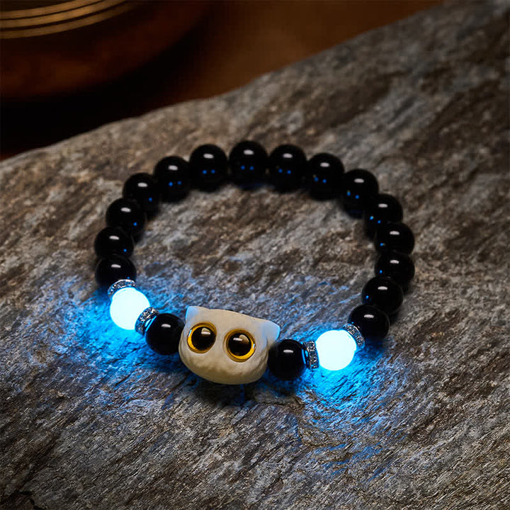 Buddha Stones Bracelet en obsidienne noire sculptée à la main avec perles en relief représentant un chat aux grands yeux - image 18