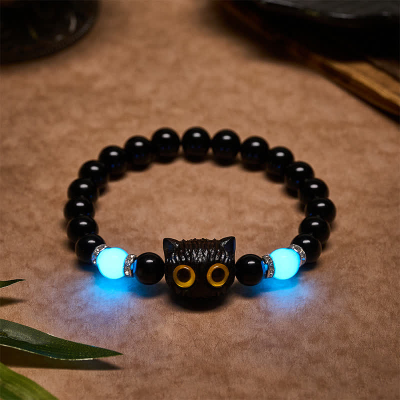 Buddha Stones Bracelet en obsidienne noire sculptée à la main avec perles en relief représentant un chat aux grands yeux - image 4