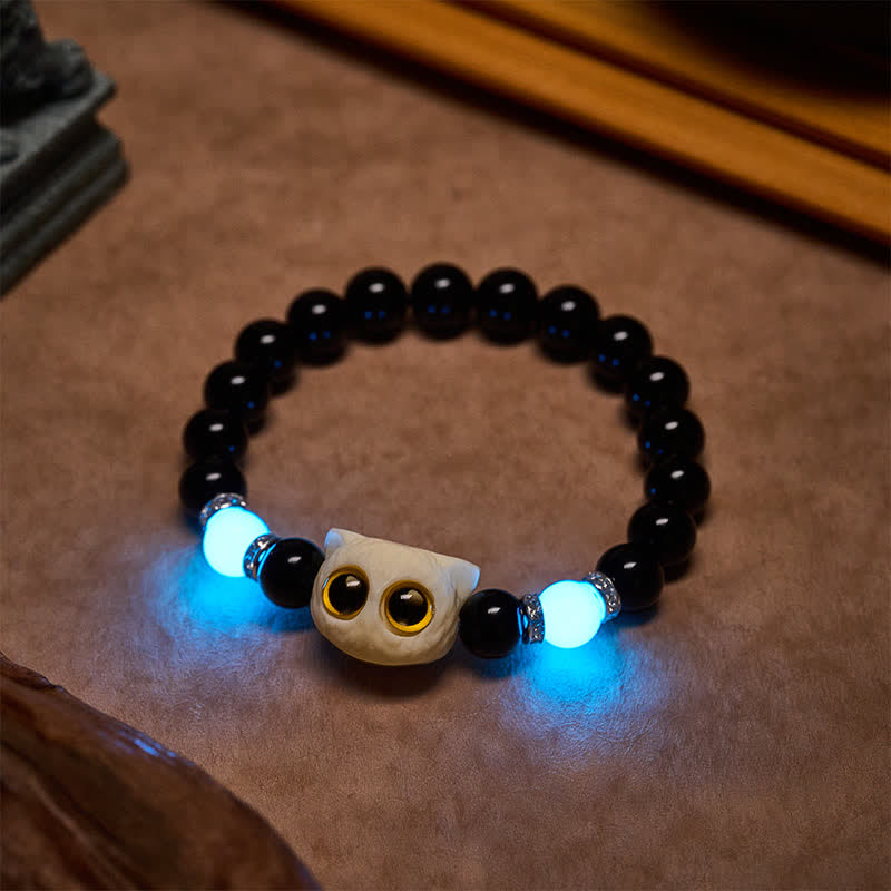 Buddha Stones Bracelet en obsidienne noire sculptée à la main avec perles en relief représentant un chat aux grands yeux - image 21