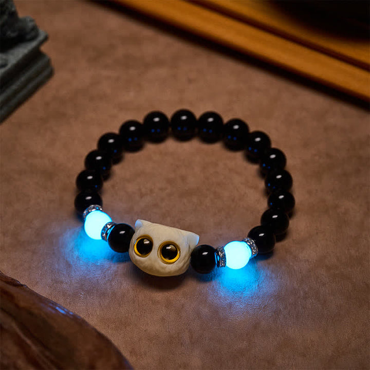 Buddha Stones Bracelet en obsidienne noire sculptée à la main avec perles en relief représentant un chat aux grands yeux - image 21