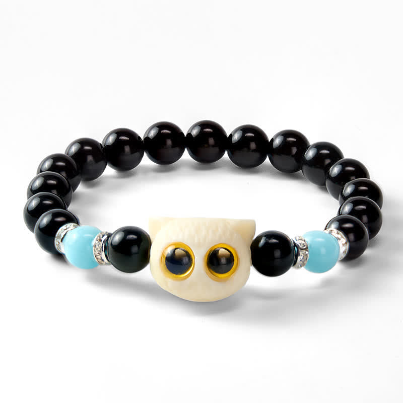 Buddha Stones Bracelet en obsidienne noire sculptée à la main avec perles en relief représentant un chat aux grands yeux - image 24