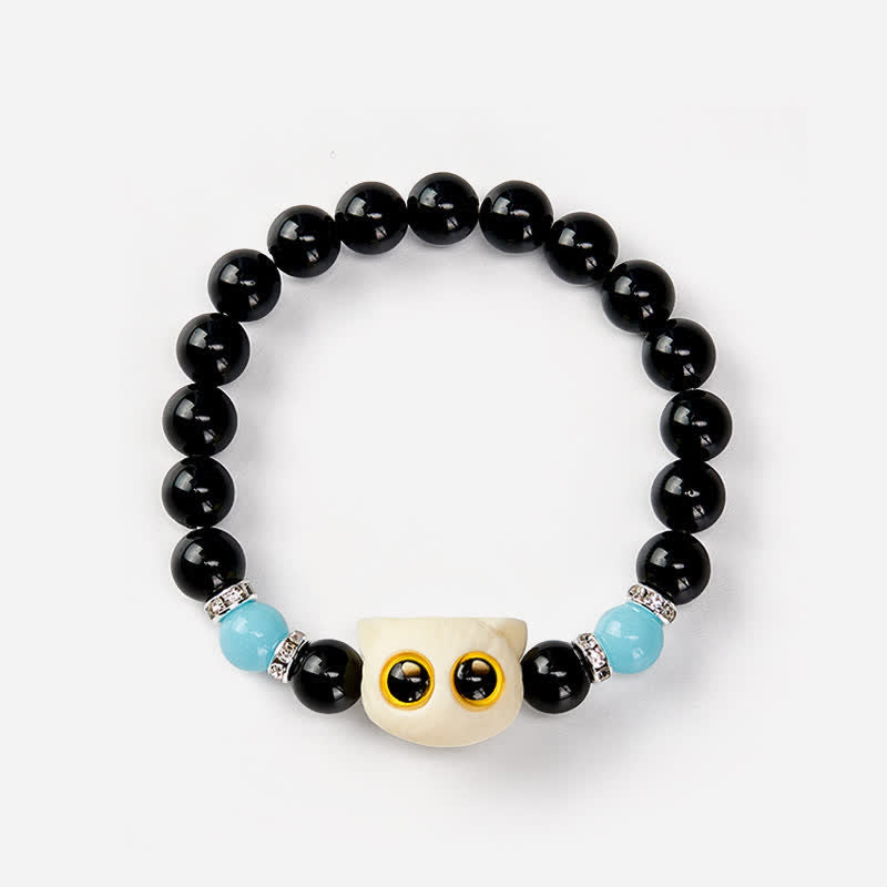 Buddha Stones Bracelet en obsidienne noire sculptée à la main avec perles en relief représentant un chat aux grands yeux - image 23