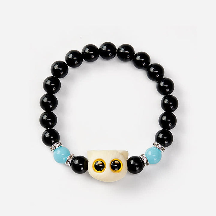 Buddha Stones Bracelet en obsidienne noire sculptée à la main avec perles en relief représentant un chat aux grands yeux - image 23