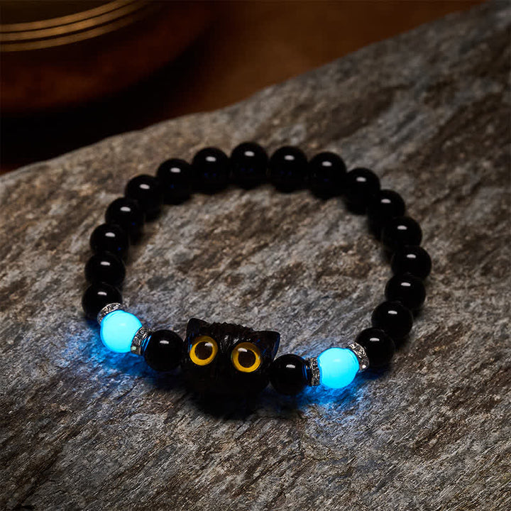 Buddha Stones Bracelet en obsidienne noire sculptée à la main avec perles en relief représentant un chat aux grands yeux - image 10