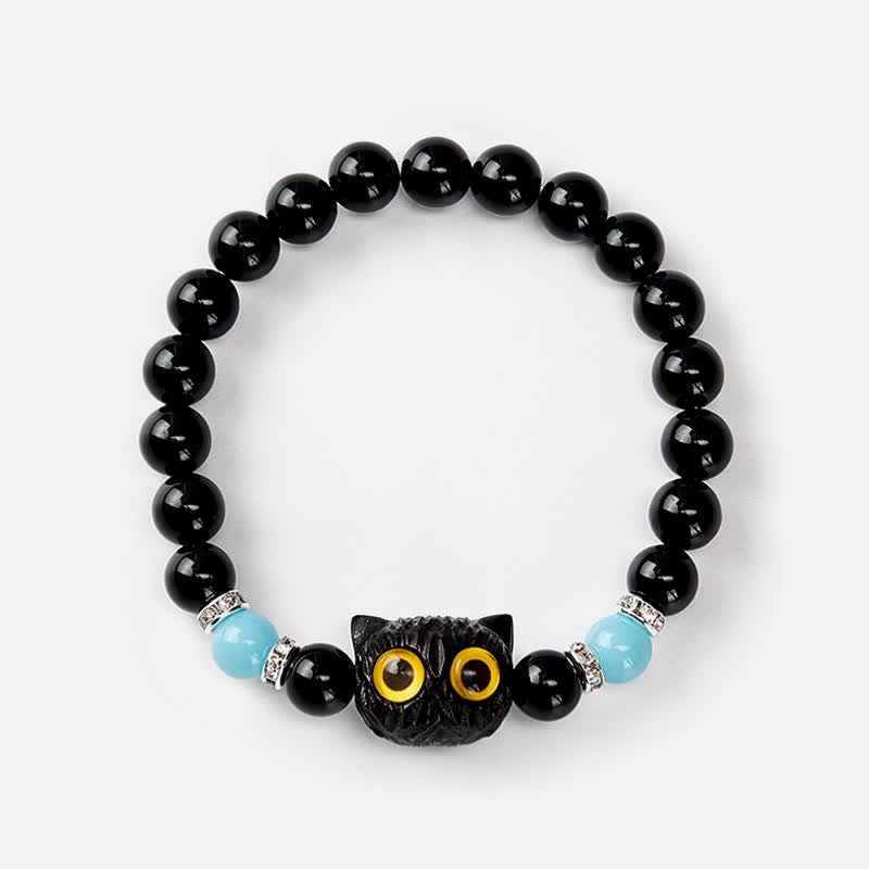 Buddha Stones Bracelet en obsidienne noire sculptée à la main avec perles en relief représentant un chat aux grands yeux - image 13