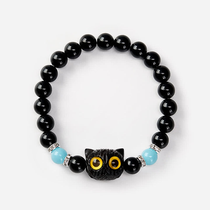 Buddha Stones Bracelet en obsidienne noire sculptée à la main avec perles en relief représentant un chat aux grands yeux - image 13