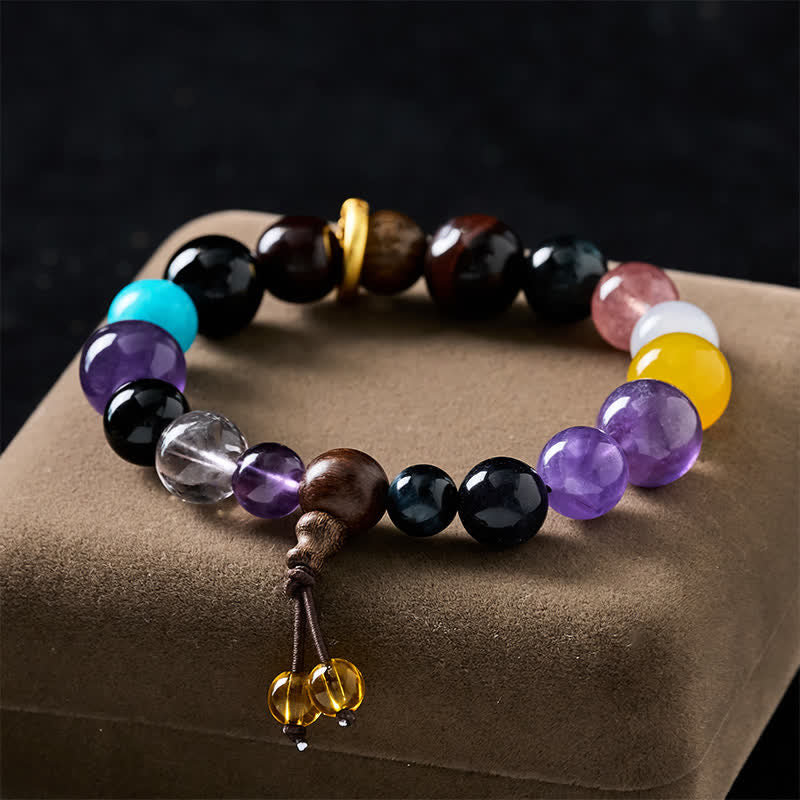 Buddha Stones Bracelet tibétain d'équilibre à 18 perles d'améthyste et d'œil de tigre - Améthyste (Soulagement du stress ♥ Intuition) - image 0
