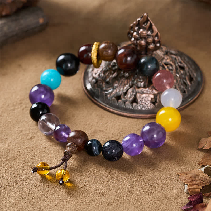 Buddha Stones Bracelet tibétain d'équilibre à 18 perles d'améthyste et d'œil de tigre - image 3