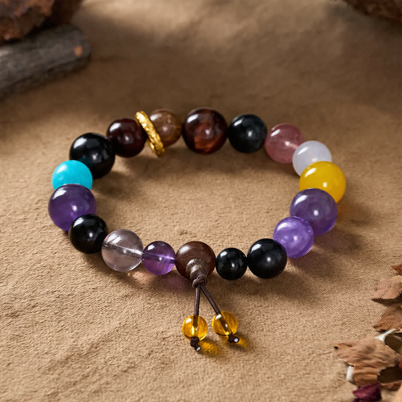 Buddha Stones Bracelet tibétain d'équilibre à 18 perles d'améthyste et d'œil de tigre - image 4