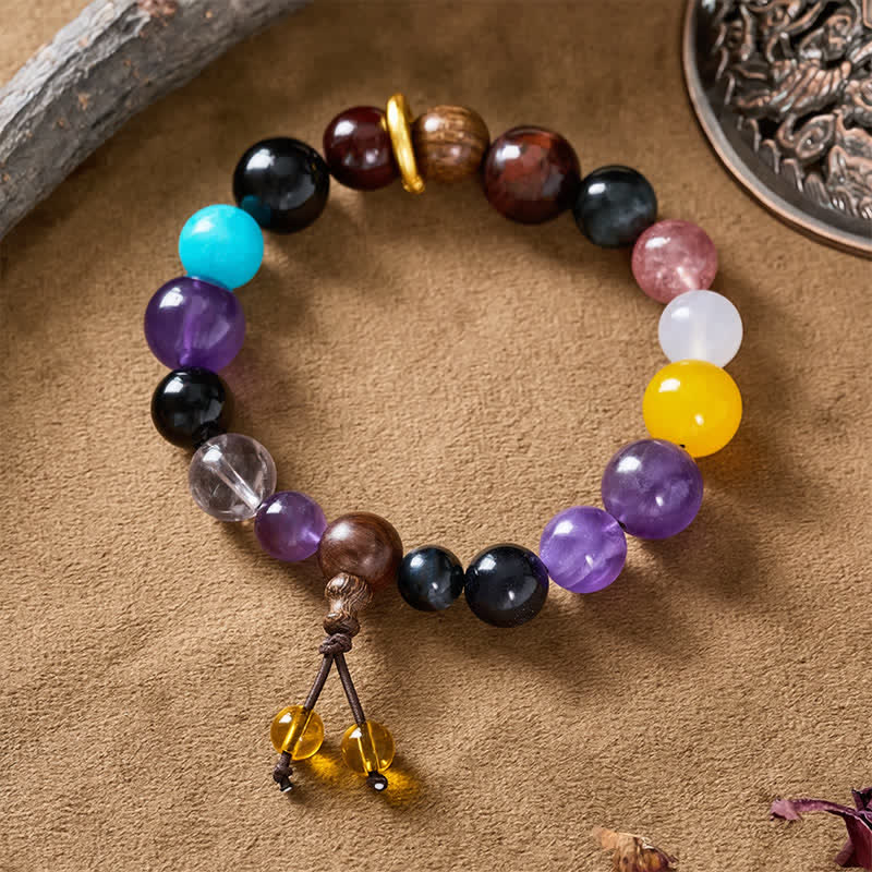 Buddha Stones Bracelet tibétain d'équilibre à 18 perles d'améthyste et d'œil de tigre - image 2