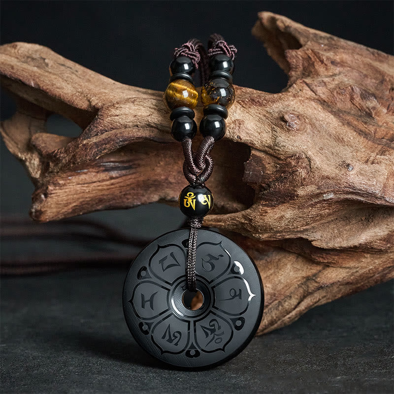 Buddha Stones Collier tressé gravé avec boucle de protection en obsidienne noire et boucle de paix - Om Mani Padme Hum (Amour ♥ Sagesse) - image 0
