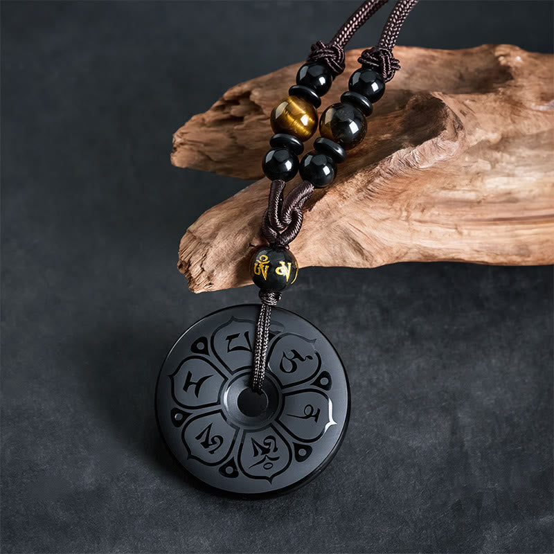 Buddha Stones Collier tressé gravé avec boucle de protection en obsidienne noire et boucle de paix - image 1