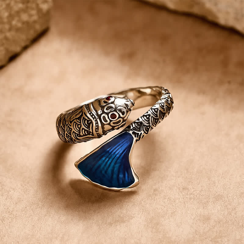 Buddha Stones Bague ajustable vintage Koi Fish en émail bleu, succès - image 1
