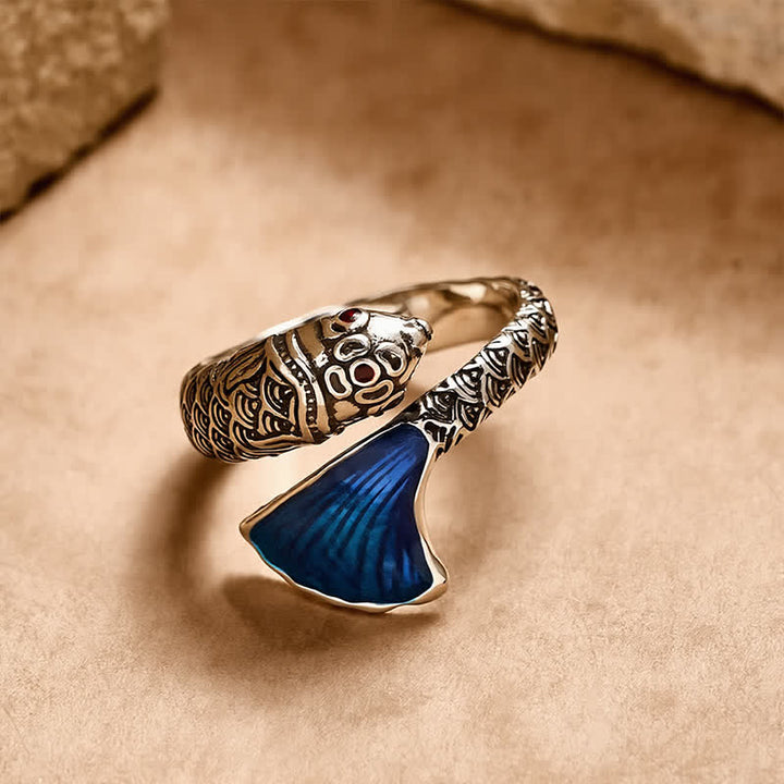 Buddha Stones Bague ajustable vintage Koi Fish en émail bleu, succès - image 1