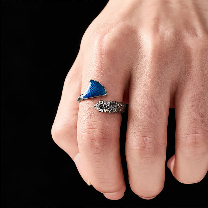 Buddha Stones Bague ajustable vintage Koi Fish en émail bleu, succès - image 4