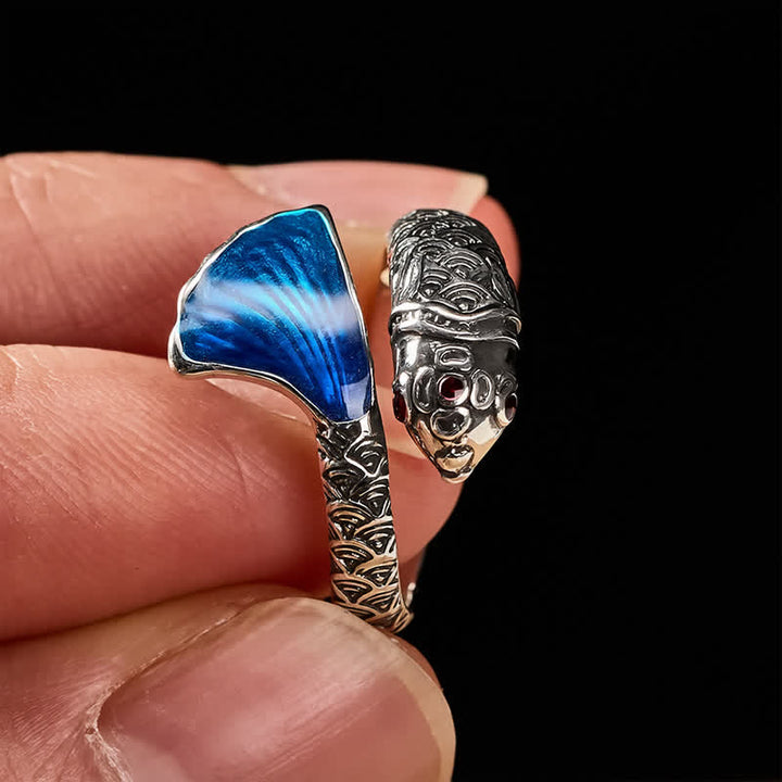 Buddha Stones Bague ajustable vintage Koi Fish en émail bleu, succès - image 3