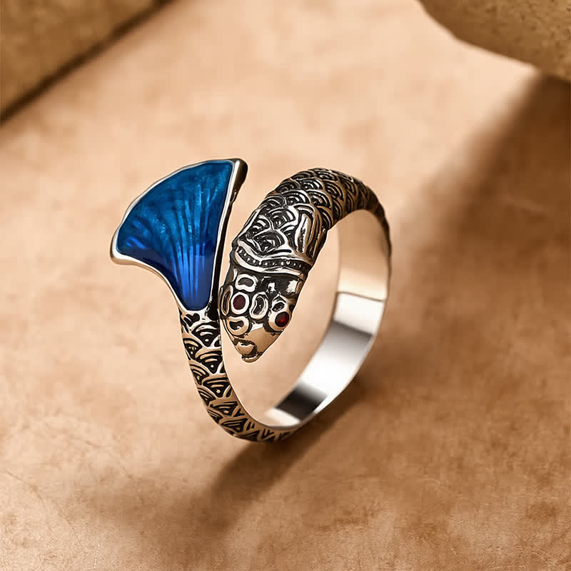 Buddha Stones Bague ajustable vintage Koi Fish en émail bleu, succès - Cuivre - Environ 18,4 mm / Taille US 8 (Ajustable) - image 0