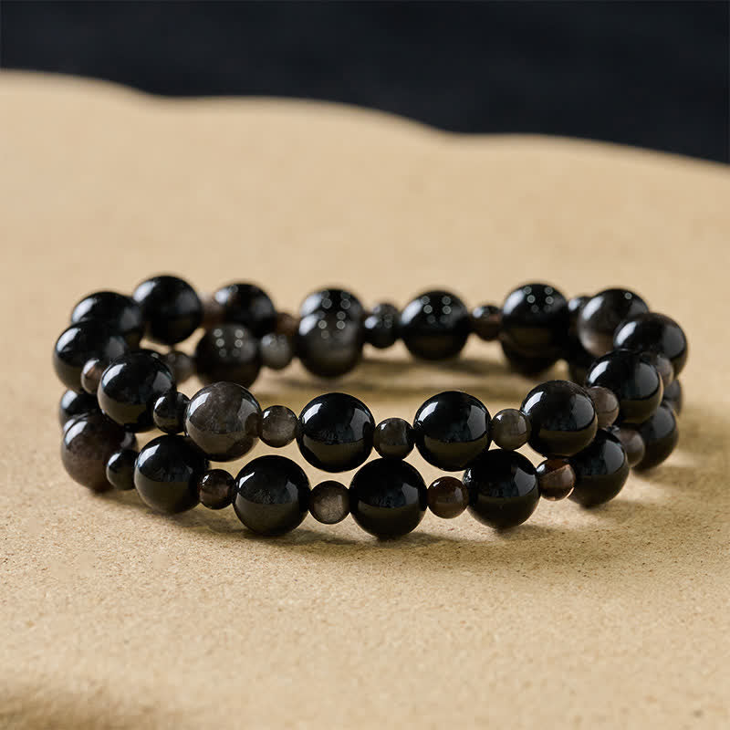 Buddha Stones Bracelet de protection en obsidienne noire à une ou deux couches de perles rondes - Obsidienne noire de 10 mm - Double enveloppe - image 8