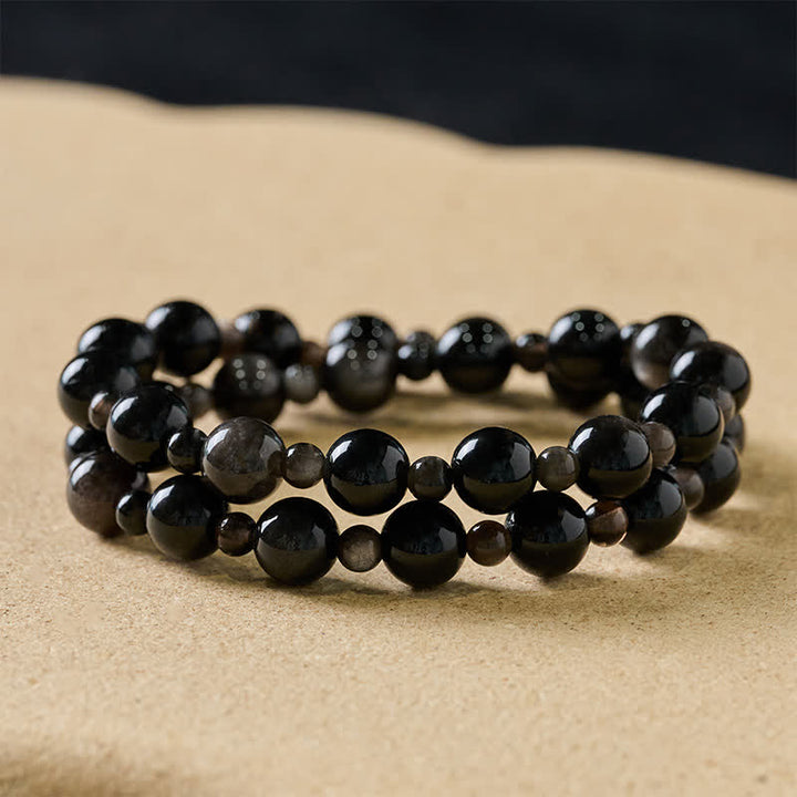 Buddha Stones Bracelet de protection en obsidienne noire à une ou deux couches de perles rondes - Obsidienne noire de 10 mm - Double enveloppe - image 8
