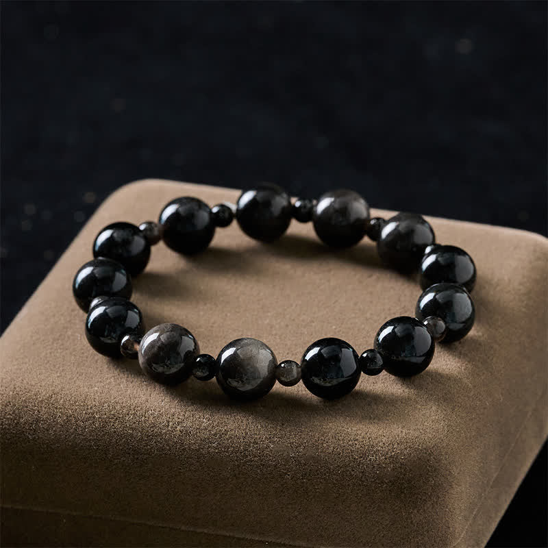 Buddha Stones Bracelet de protection en obsidienne noire à une ou deux couches de perles rondes - image 2