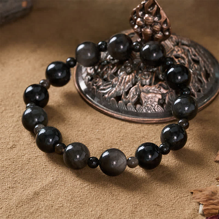Buddha Stones Bracelet de protection en obsidienne noire à une ou deux couches de perles rondes - image 4