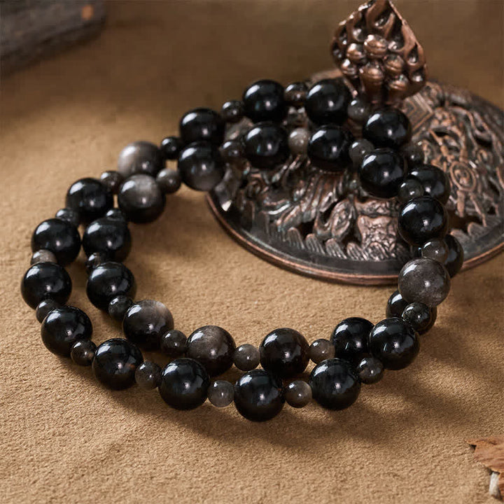 Buddha Stones Bracelet de protection en obsidienne noire à une ou deux couches de perles rondes - image 12