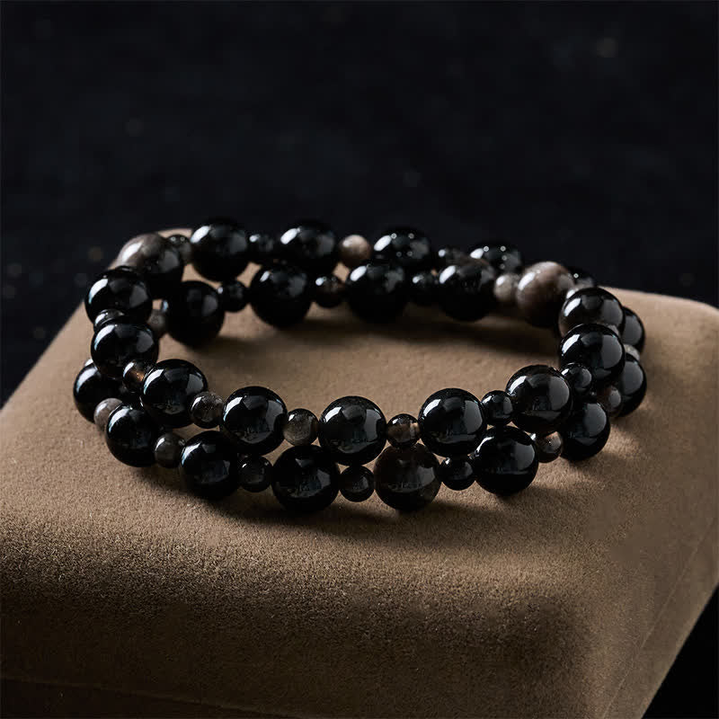 Buddha Stones Bracelet de protection en obsidienne noire à une ou deux couches de perles rondes - image 10