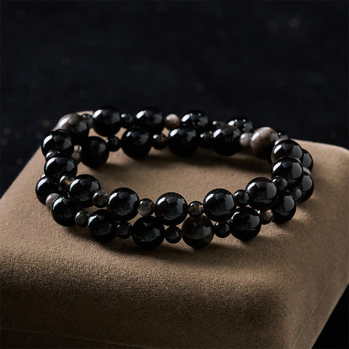Buddha Stones Bracelet de protection en obsidienne noire à une ou deux couches de perles rondes - image 10