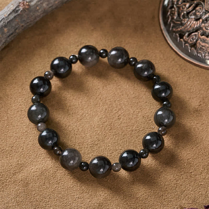 Buddha Stones Bracelet de protection en obsidienne noire à une ou deux couches de perles rondes - image 3