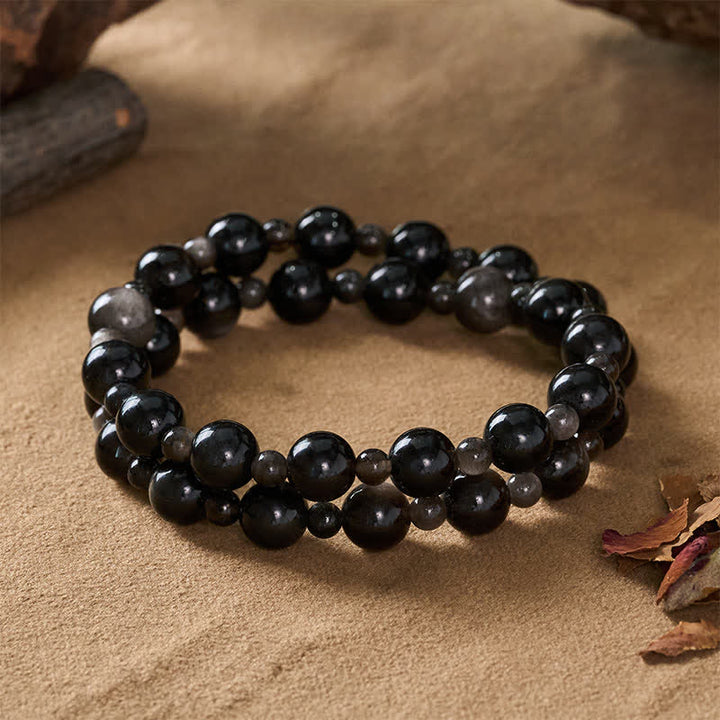 Buddha Stones Bracelet de protection en obsidienne noire à une ou deux couches de perles rondes - image 11