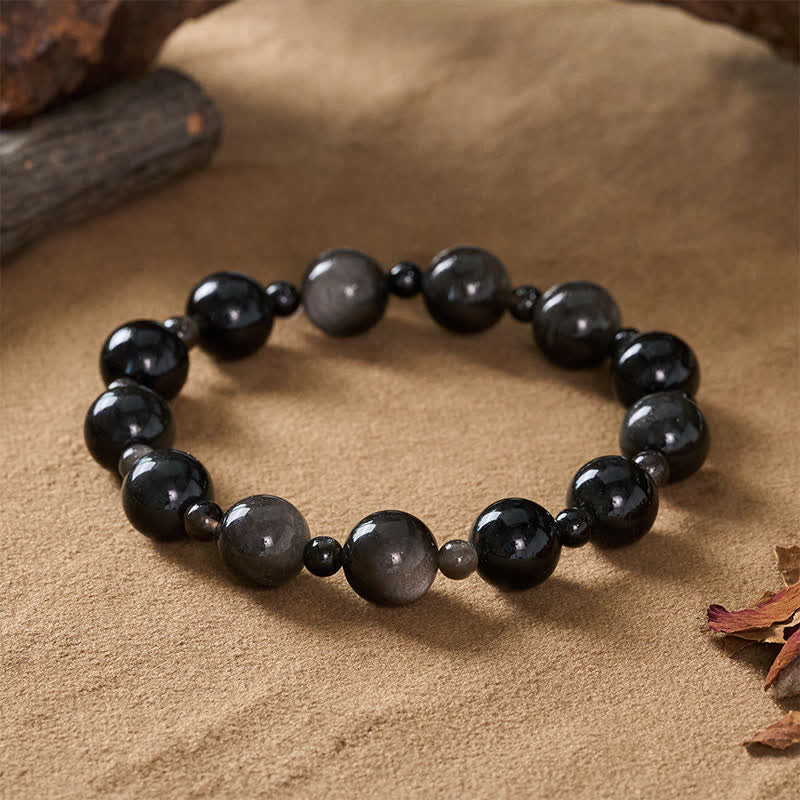 Buddha Stones Bracelet de protection en obsidienne noire à une ou deux couches de perles rondes - image 1