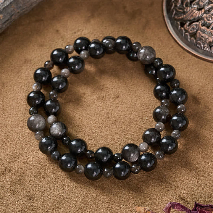 Buddha Stones Bracelet de protection en obsidienne noire à une ou deux couches de perles rondes - image 9