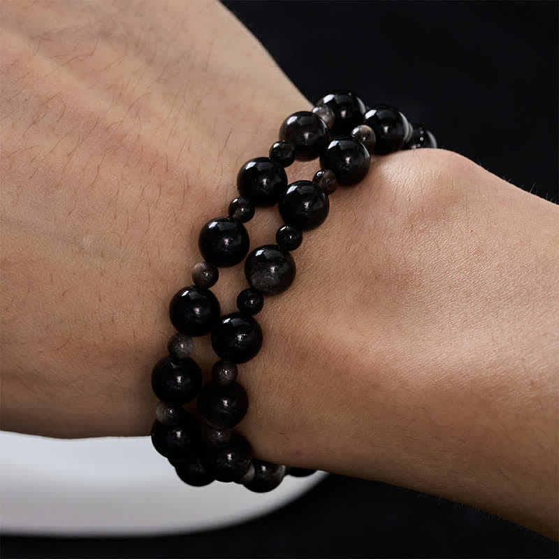 Buddha Stones Bracelet de protection en obsidienne noire à une ou deux couches de perles rondes - image 13