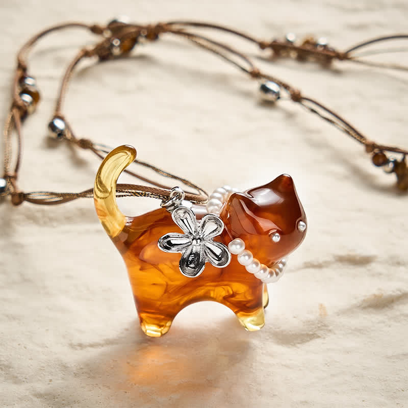 Buddha Stones Collier de paix en résine noire et marron avec perles et fleur de chat. - Chat brun - image 0