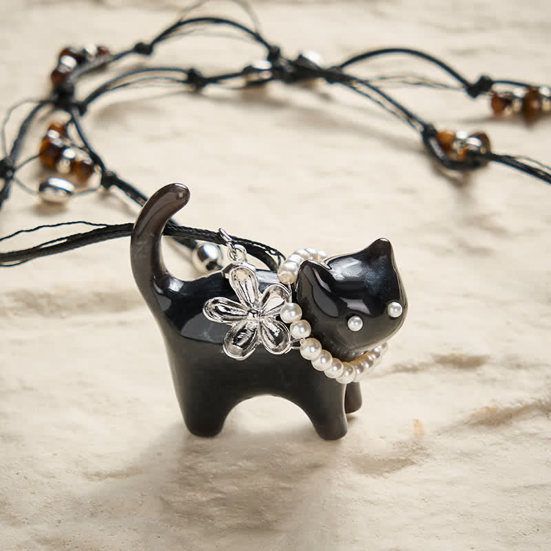 Buddha Stones Collier de paix en résine noire et marron avec perles et fleur de chat. - Chat noir - image 6