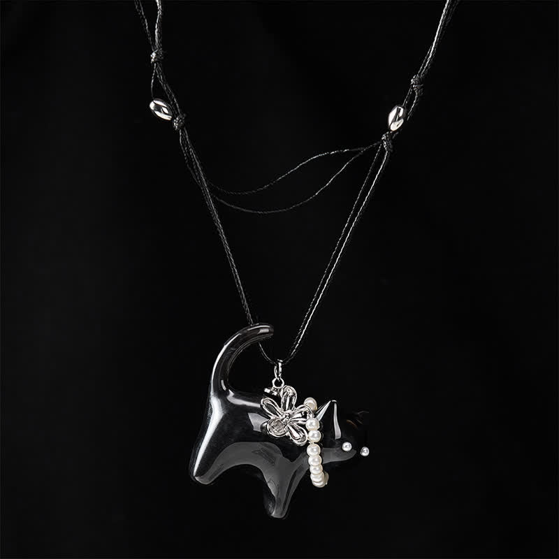 Buddha Stones Collier de paix en résine noire et marron avec perles et fleur de chat. - image 10