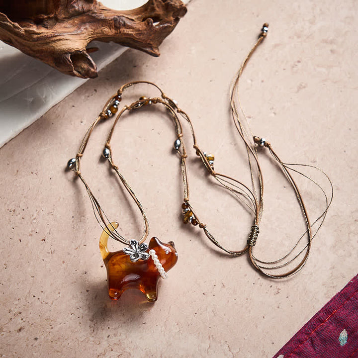 Buddha Stones Collier de paix en résine noire et marron avec perles et fleur de chat. - image 3